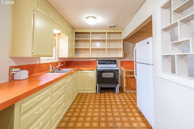 kitchen featuring sink, wooden counters, and white appliances