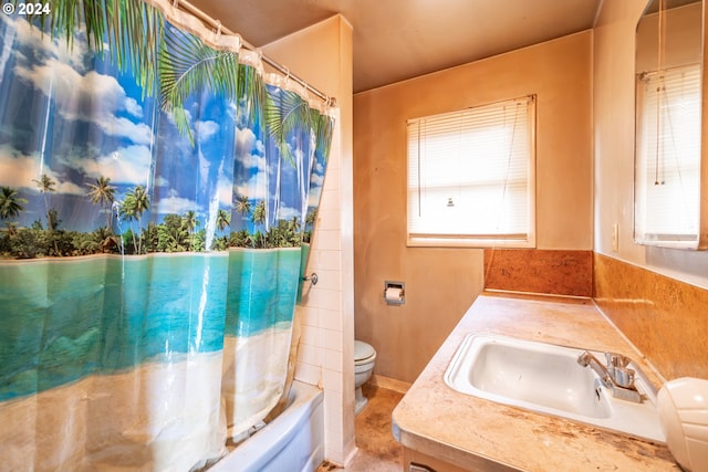 full bathroom featuring shower / bathtub combination with curtain, vanity, and toilet