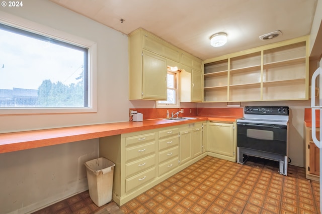 kitchen featuring butcher block countertops, white electric range oven, and sink