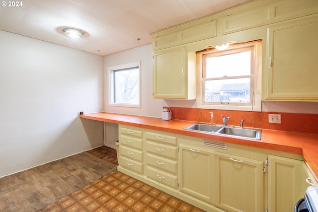 kitchen featuring wood counters, stove, sink, and dark wood-type flooring