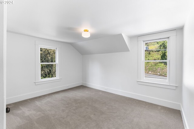 additional living space with vaulted ceiling, a wealth of natural light, and light colored carpet