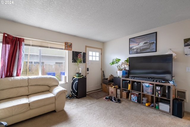 living room featuring a wealth of natural light, carpet floors, and a textured ceiling