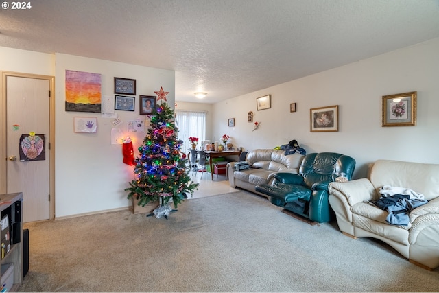 carpeted living room featuring a textured ceiling