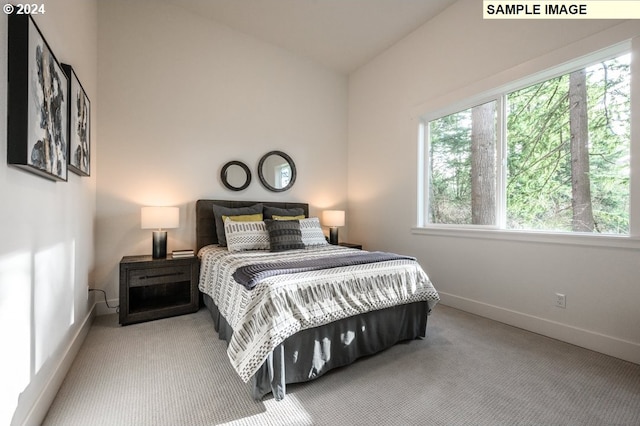 bedroom with light colored carpet