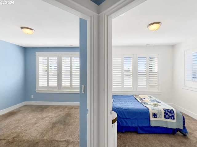 carpeted bedroom featuring multiple windows