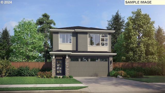 view of front of home with an attached garage, stone siding, concrete driveway, and fence