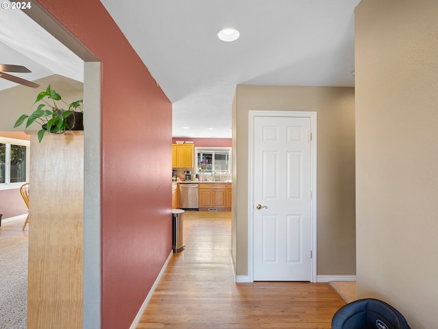 corridor featuring sink and light hardwood / wood-style flooring