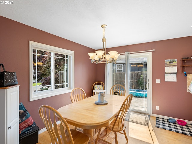 dining room with light hardwood / wood-style flooring and a notable chandelier