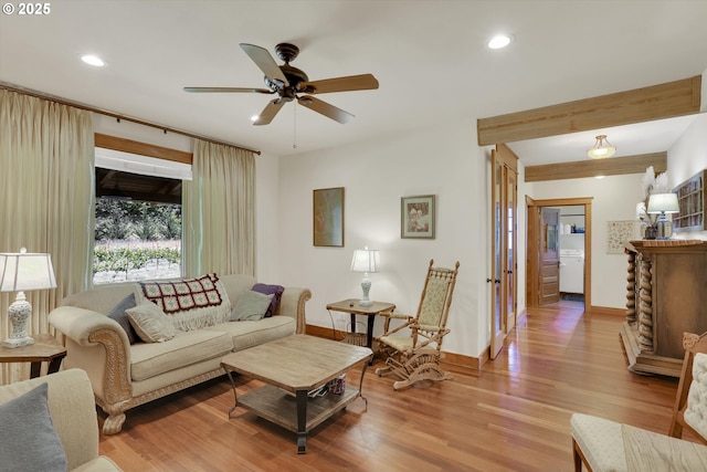 47266 SW Carpenter Creek Rd, Forest Grove, OR 97116 - living room featuring wood finished floors, ceiling fan, and recessed lighting