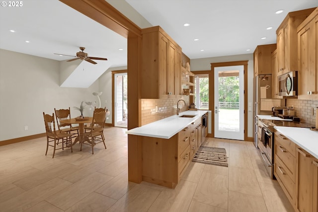 47266 SW Carpenter Creek Rd, Forest Grove, OR 97116 - kitchen featuring stainless steel appliances, backsplash, light countertops, open shelves, and recessed lighting