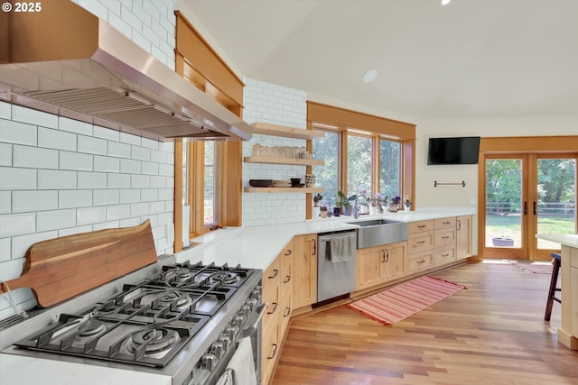 47266 SW Carpenter Creek Rd, Forest Grove, OR 97116 - kitchen featuring stainless steel appliances, range hood, light brown cabinetry, open shelves, and french doors