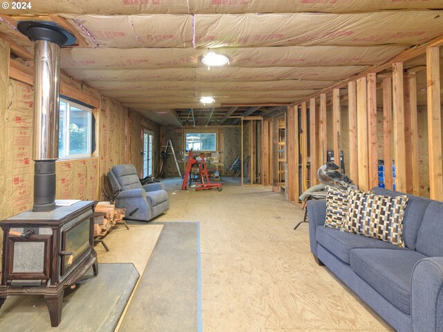 basement with a wood stove