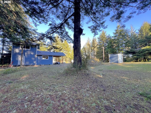 view of yard featuring a storage unit