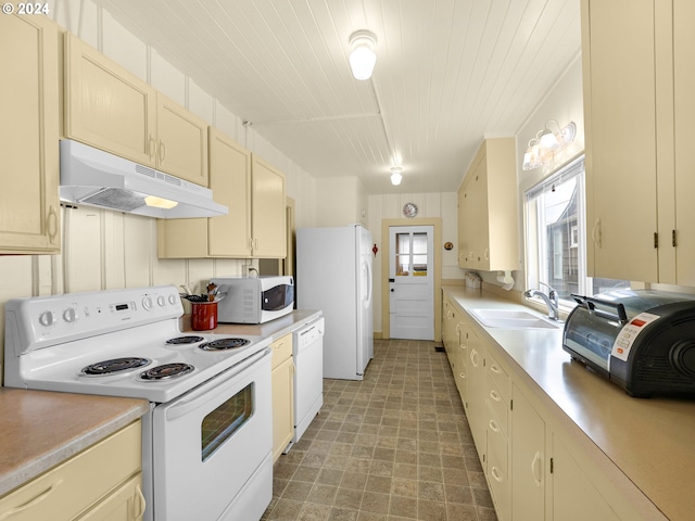 kitchen with sink, wood ceiling, and white appliances