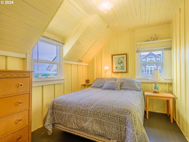 bedroom featuring hardwood / wood-style floors, wooden ceiling, multiple windows, and lofted ceiling