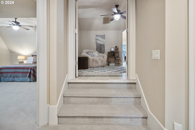 stairs featuring ceiling fan, lofted ceiling, and carpet flooring