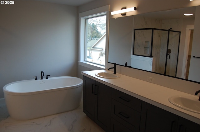 bathroom with vanity and independent shower and bath