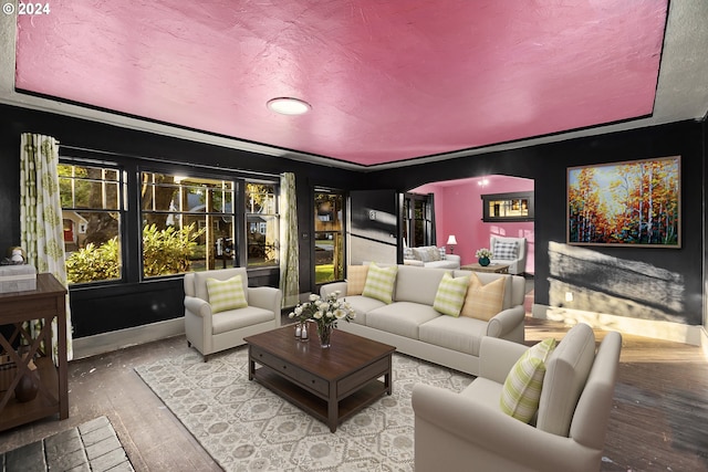 cinema with wood-type flooring and a textured ceiling