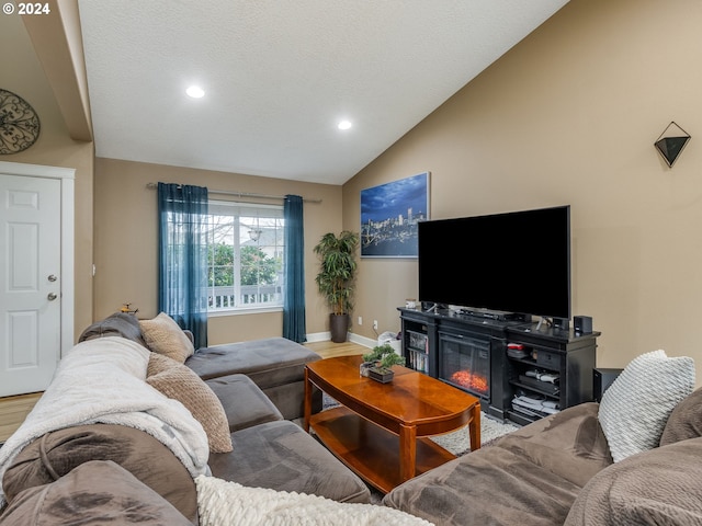 living room featuring light hardwood / wood-style floors and lofted ceiling