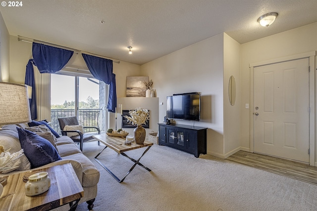 living room with light carpet, baseboards, light wood-type flooring, and a textured ceiling