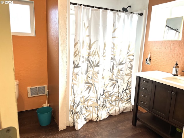bathroom featuring visible vents, wood finished floors, vanity, and a textured wall
