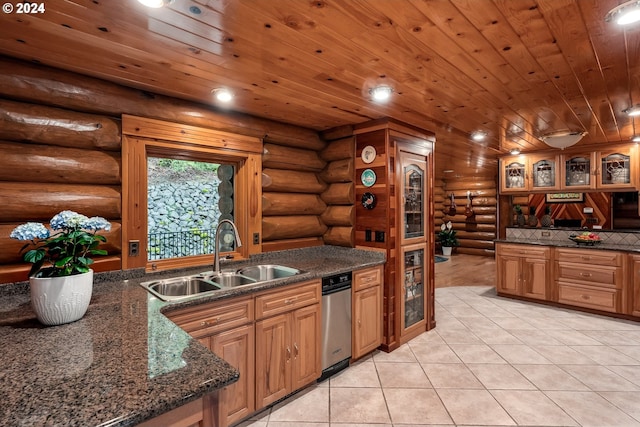 kitchen with rustic walls, sink, light tile patterned floors, and wood ceiling