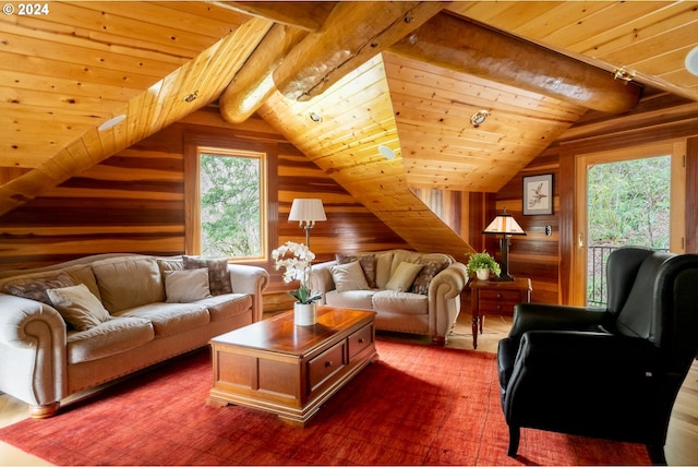 living room featuring vaulted ceiling with beams, wooden ceiling, and wooden walls