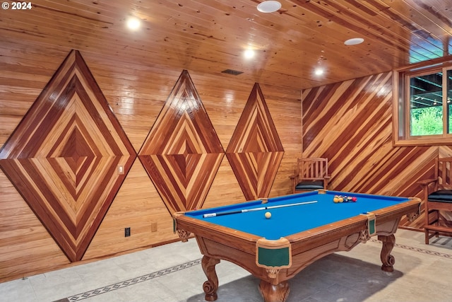 playroom featuring wood walls, wooden ceiling, and pool table