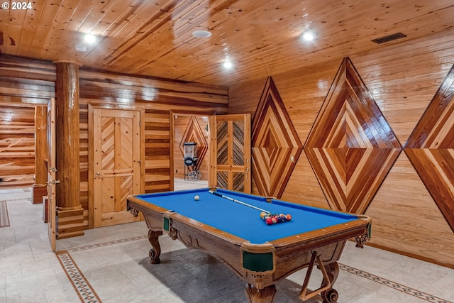 playroom featuring wood walls, tile patterned floors, wooden ceiling, and billiards