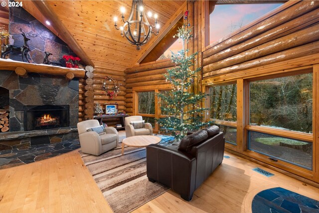 living room featuring beam ceiling, rustic walls, high vaulted ceiling, a chandelier, and wood-type flooring