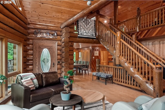 living room featuring rustic walls, wooden ceiling, beamed ceiling, high vaulted ceiling, and wood-type flooring