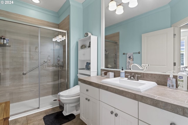 bathroom featuring vanity, ornamental molding, an enclosed shower, tile patterned floors, and toilet