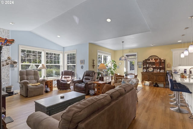 living room featuring vaulted ceiling and light hardwood / wood-style flooring