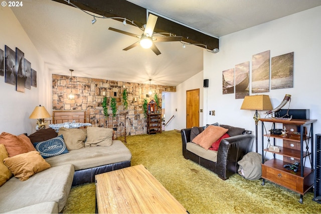 living room featuring carpet, ceiling fan, and lofted ceiling