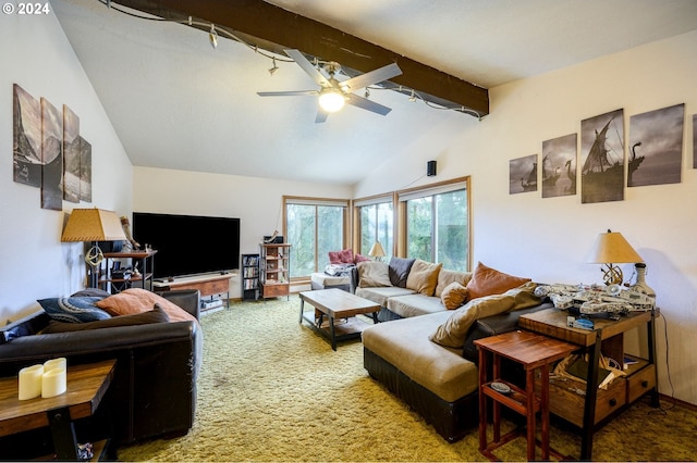 living room featuring vaulted ceiling with beams, ceiling fan, and carpet floors