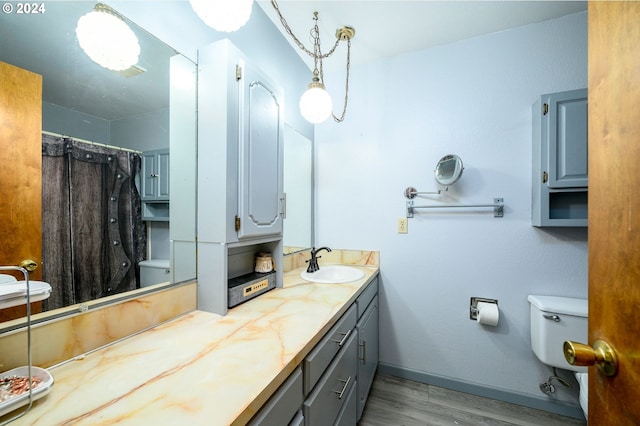 bathroom with a shower with shower curtain, wood-type flooring, vanity, and toilet