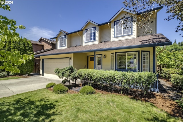 view of front facade featuring a porch, a garage, and a front yard