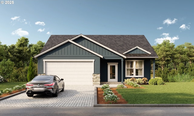 craftsman inspired home with board and batten siding, a garage, decorative driveway, and a front lawn