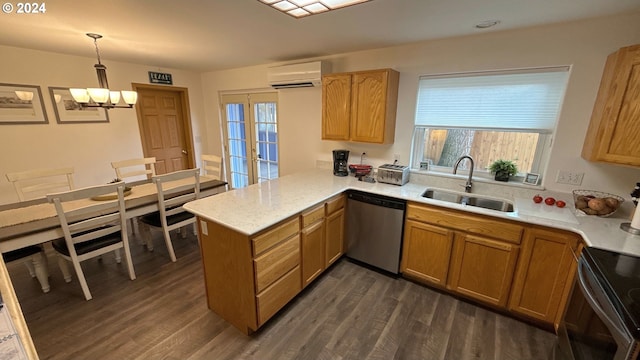 kitchen with a wall mounted air conditioner, sink, hanging light fixtures, kitchen peninsula, and stainless steel appliances