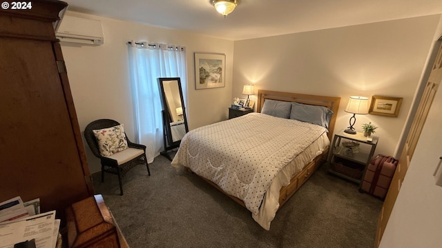 carpeted bedroom with an AC wall unit