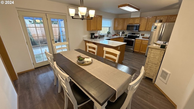 kitchen with kitchen peninsula, pendant lighting, dark wood-type flooring, and appliances with stainless steel finishes