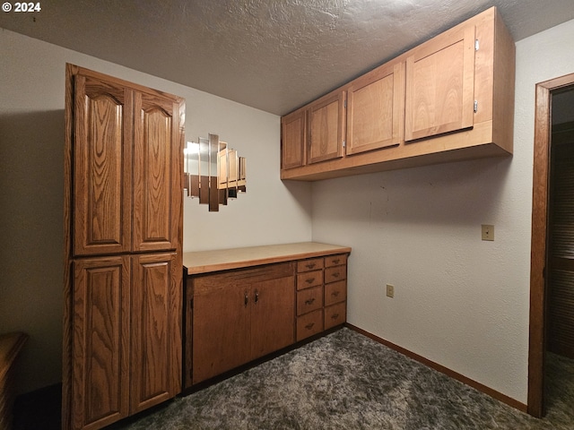 kitchen with dark carpet and a textured ceiling