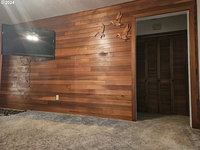 interior space with wooden walls and carpet floors