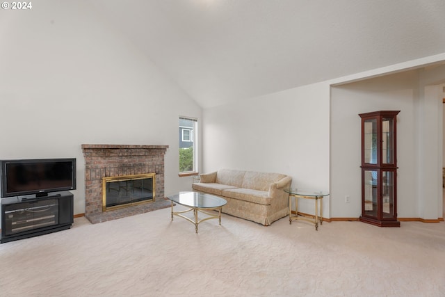 carpeted living room featuring a brick fireplace and high vaulted ceiling