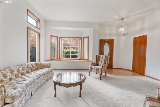 living room featuring plenty of natural light and light hardwood / wood-style flooring