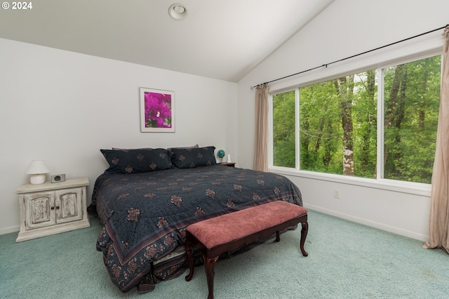 carpeted bedroom featuring lofted ceiling