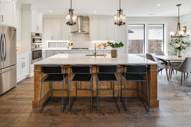 kitchen with appliances with stainless steel finishes, sink, wall chimney range hood, and a kitchen island with sink