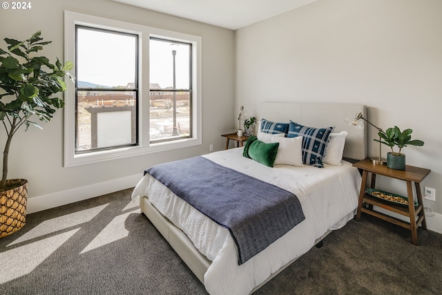 bedroom with dark carpet