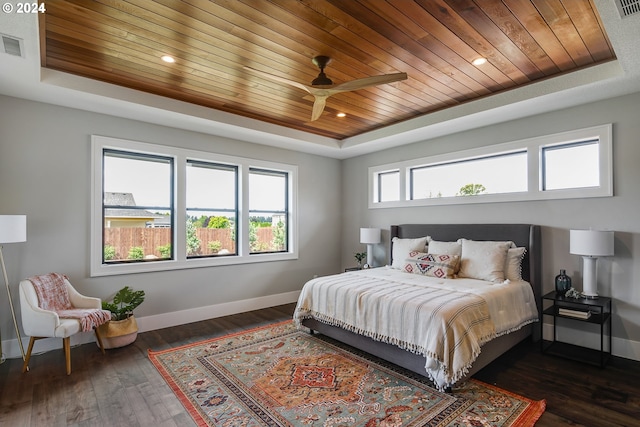 bedroom featuring a tray ceiling, dark wood-type flooring, wooden ceiling, and ceiling fan