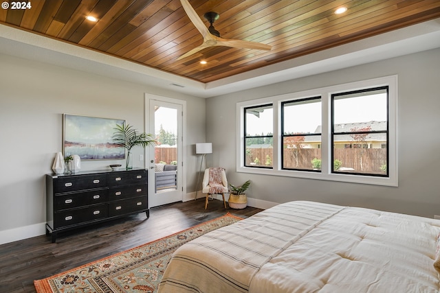 bedroom with ceiling fan, dark hardwood / wood-style floors, a raised ceiling, and wooden ceiling